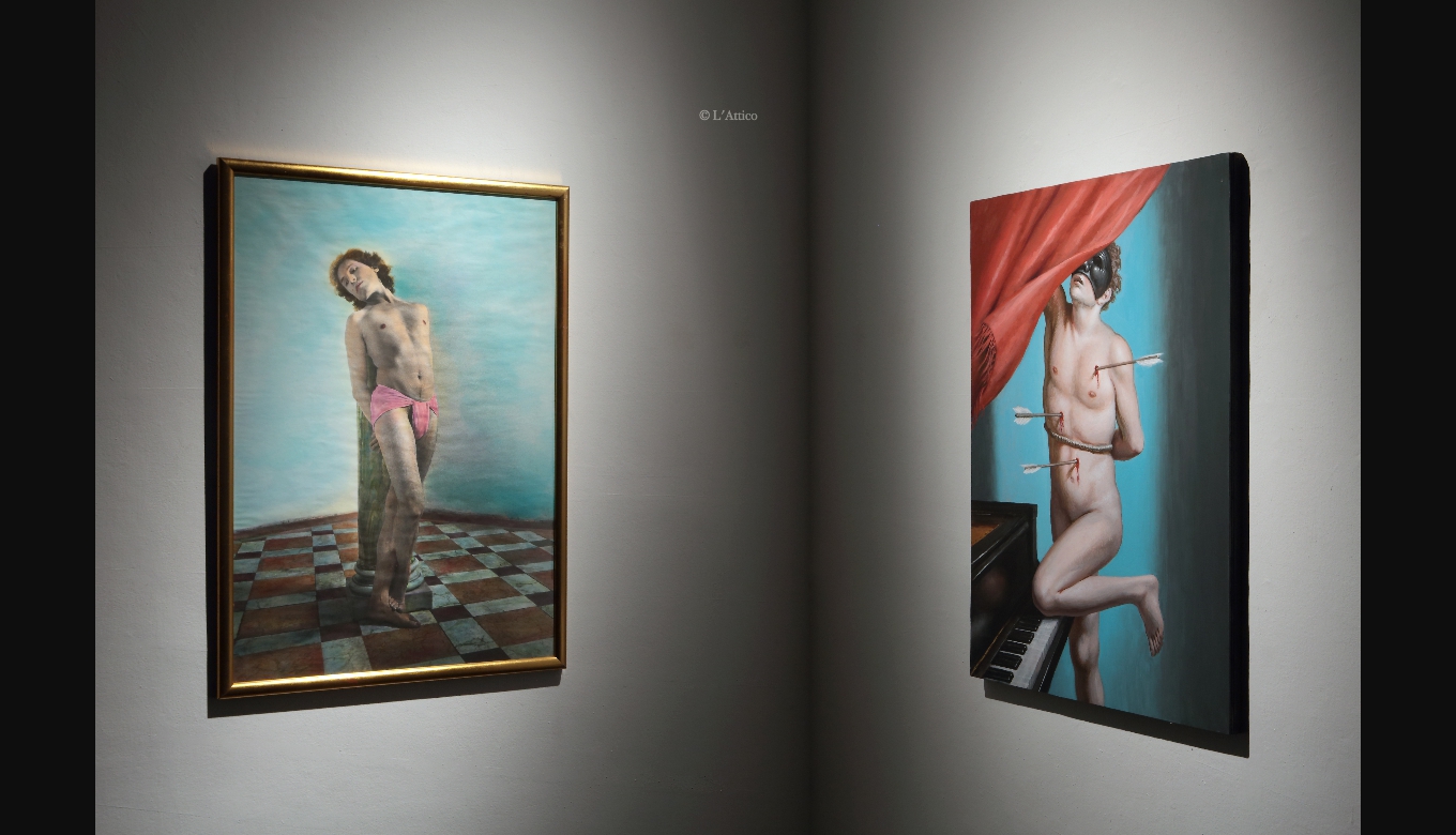 da sinistra: Luigi Ontani, San Sebastiano del Paradiso, fotografia acquerellata, 1982; Stefano Di Stasio, Armonie del martirio, 2016, acrilico su tela unioniciviliQ5